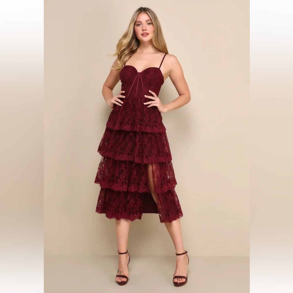 Lulus Exceptional Persona Wine Red Lace Tiered Bustier Midi Dress‎ Size Large